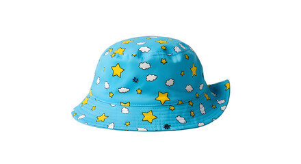 Blue bucket hat with star and cloud pattern isolated on transparent background, a fun and stylish accessory for kids to protect them from the sun