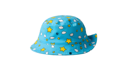 Blue bucket hat with star and cloud pattern isolated on transparent background, a fun and stylish accessory for kids to protect them from the sun