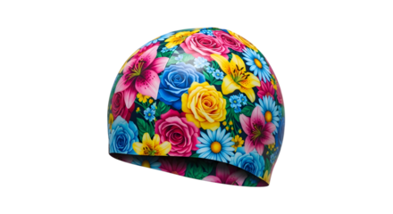 A floral swimming cap with vibrant roses and daisies isolated on transparent background, perfect for adding a touch of elegance and style to your swim