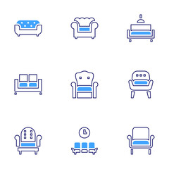 Sofa icon set. Bold line style. Duotone colors. Editable stroke. sofa bed, armchair, sofa, waiting room, living room