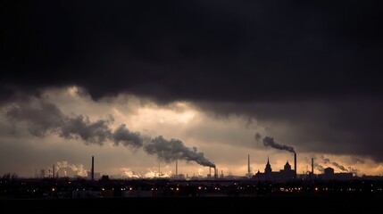 Smokestacks of a Factory Emitting Thick Smoke into the Atmosphere Under Overcast Skies at Dusk