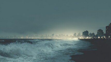 Dramatic Illustration of a Coastal City Being Swallowed by Rising Ocean Waves at Night with Captivating Lights Sea View in the Background