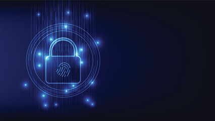 cyber security and private data protection. digital padlock with fingerprint on hi tech circle and blue background