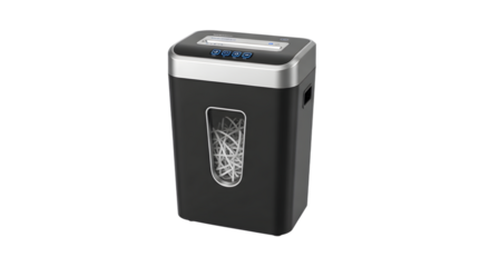 Black paper shredder isolated on transparent background, ensuring document security and confidentiality for home or office use with its efficient shredding