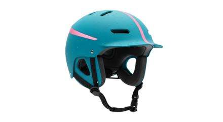 Turquoise ski helmet with pink stripe isolated on transparent background, providing safety and style for winter sports enthusiasts on the slopes