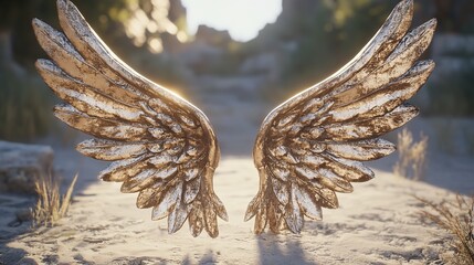 Golden wings on a sandy path with sunlight shining through the background and some grass around it