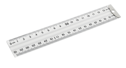 A white plastic ruler with black markings isolated on transparent background, showing centimeters and inches for measuring and precision in various applications