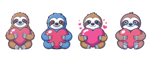 Adorable sloth characters holding pink hearts, perfect for Valentine's Day designs or cute, loving graphics, conveying affection and playful charm © Bomi