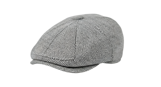 Gray herringbone flat cap isolated on transparent background, a classic and stylish accessory for mens fashion, perfect for adding a touch of sophistication