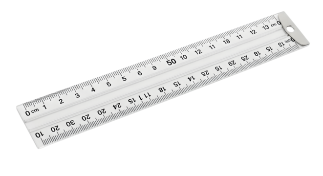 A white plastic ruler with black markings isolated on transparent background, showing centimeters and inches for measuring and precision in various applications