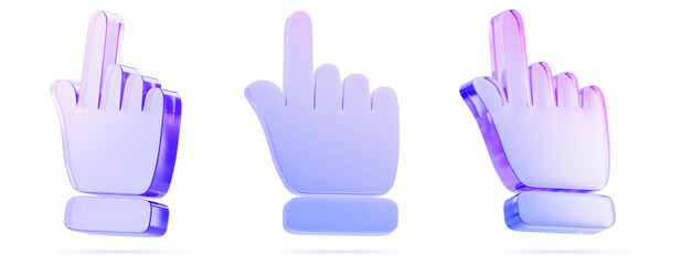 Fototapeta premium 3d set of holographic glass morphism hand click icon. Crystal computer cursor with index finger and purple blue gradient. Pointing gesture, tap screen, choose button isolated on white. 3D illustration