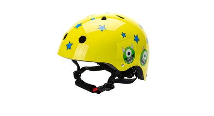 Yellow childs bicycle helmet with monster and star design isolated on transparent background, providing safety and style for young cyclists