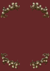 深紅の背景と金色の葉の装飾的なコーナーフレーム