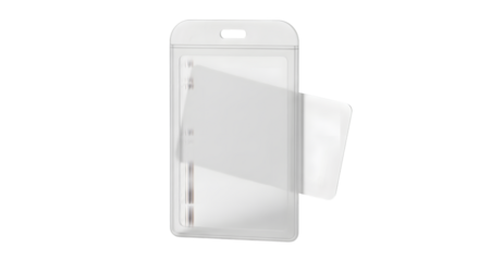 Transparent badge holder with blank card isolated on transparent background, ideal for identification, access control, and event management