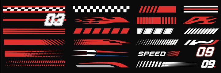 Sport car wraps and racing stripe graphics set featuring motorsport decals, checkered flags, tuning stickers, performance stripes, dynamic motion lines, drift style design, and speed vector art