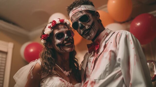 A couple dresses up in Halloween costumes with creative skull makeup and party attire, surrounded by themed decorations and balloons