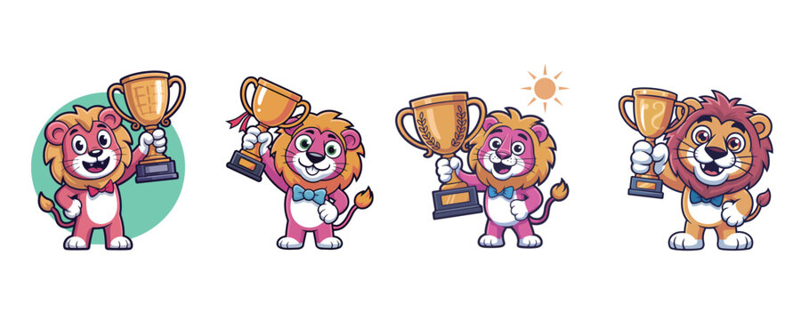 Celebrate Success with Cute Cartoon Lions Holding Trophies for Children's Books and Educational Materials, Perfect for Awards and Recognition Themes