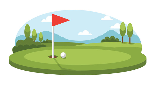 Serene golf course landscape with flag, hole, and ball on a sunny day, perfect for sports and leisure themes