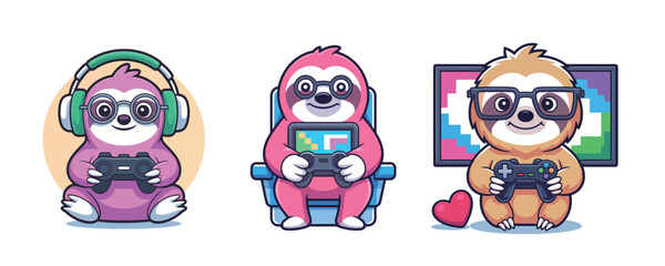 Adorable sloth gamers with controllers, headphones and glasses, enjoying gaming time in cute cartoon style, perfect for kids content and gaming promotions