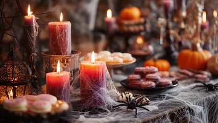 This gathering showcases a Halloween themed display featuring lit candles, spooky decorations, and an array of festive treats