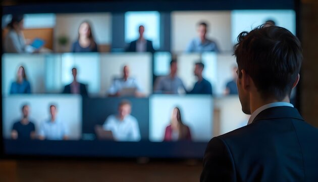 A professional man in a suit attends a video meeting, showcasing the essence of remote work and virtual team collaboration