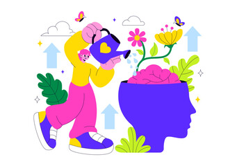 Personal Growth Vector Illustration Featuring Development Through Positive Habits, Lifelong Learning, Adaptability and Perseverance for Career Success