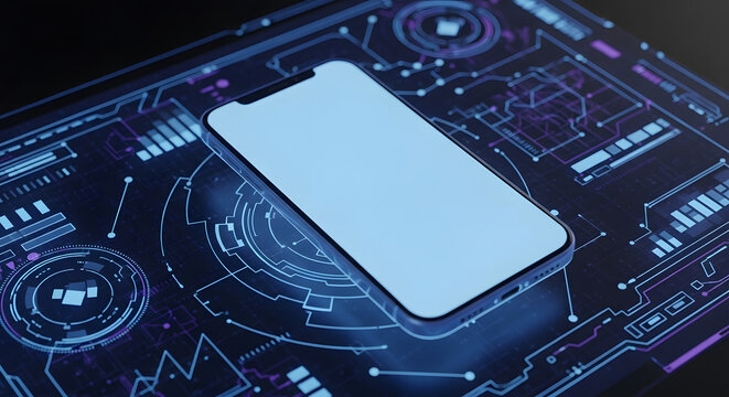 Smartphone with Blank Screen on Futuristic Blue Digital Interface, Technology and Data Visualization