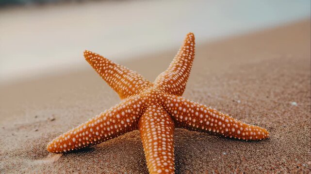 A vibrant starfish with orange and white colors rests on the warm sand. Gentle waves lap on the shore, creating a peaceful atmosphere during sunset on the beach.