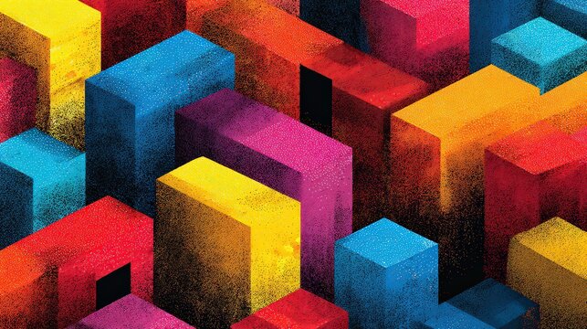 Abstract Geometric Cubes With Pixelated Texture And Vibrant Colors Against Black Background