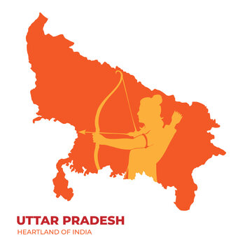Minimal vector map of Uttar Pradesh with silhouette of Lord Shree Ram Ji
