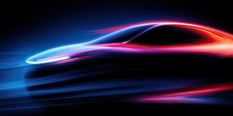 Abstract car illustration with flowing blue and red light trails against black