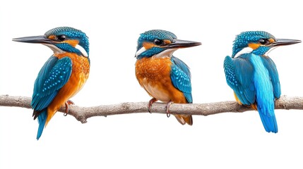Three kingfishers perched on a branch with vibrant blue and orange plumage against a white background