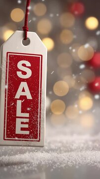 Vintage white sale tag with bold red "SALE" text hangs from red string against snowy bokeh background with red ornaments and soft lights, evoking winter discount and holiday shopping vibe