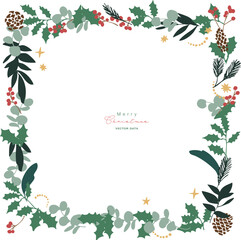 Fototapeta premium 12月のクリスマスフレーム。松ぼっくりとヒイラギのクリスマス背景。冬のクリスマスリースイラスト。 December Christmas frame. Christmas background with pine cones and holly. Winter Christmas wreath illustration.