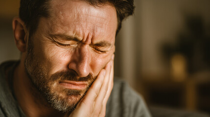 Fototapeta premium A man is sitting indoors, grimacing in pain and holding his cheek, clearly suffering from a severe toothache. His eyes are closed tightly, and his expression shows discomfort and distress.