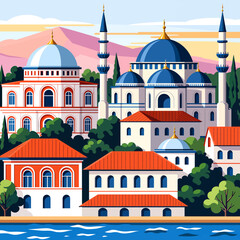 Fototapeta premium Colorful flat illustration of a mosque cityscape with domes minarets and waterfront