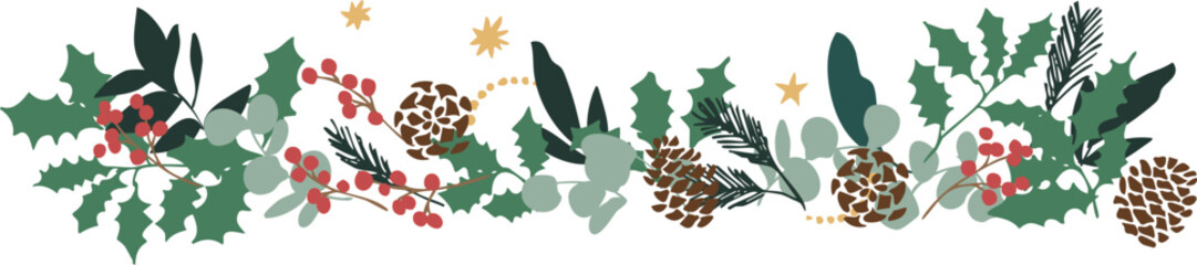 12月のクリスマスフレーム。松ぼっくりとヒイラギのクリスマス背景。冬のクリスマスリースイラスト。
December Christmas frame. Christmas background with pine cones and holly. Winter Christmas wreath illustration.