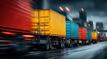 Obraz premium A vibrant row of colorful shipping containers lined up on trucks, set against a moody, blurred urban backdrop, conveying motion and transport.