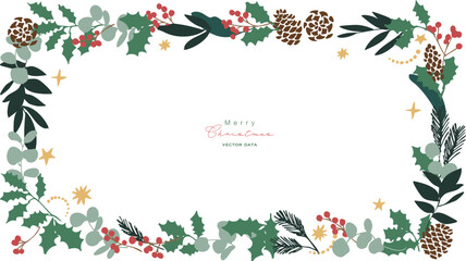 12月のクリスマスフレーム。松ぼっくりとヒイラギのクリスマス背景。冬のクリスマスリースイラスト。
December Christmas frame. Christmas background with pine cones and holly. Winter Christmas wreath illustration.