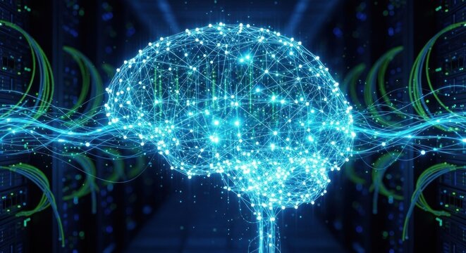 A glowing, blue, digital brain with a network of connections and nodes, set against a dark, industrial background with server racks and cables. - Powered by Adobe
