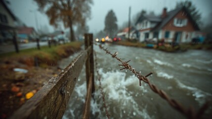 A foggy scene depicting a river with a wooden fence and barbed wire, surrounded by houses, creating a tranquil yet slightly eerie atmosphere.