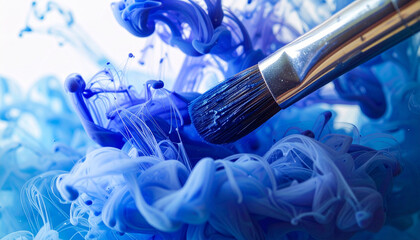 Brush dipped in ultramarine watercolor, pigment swirling in clear water, macro detail