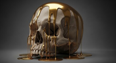 Human Skull Adorned with Dripping Molten Gold, a Symbolic Representation of Mortality, Opulence, and Decay in a Dark Grey Studio Setting