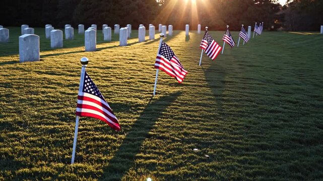 Flag line grave at sunrise. Small flag markers by headstone rows in cemetery. Military tribute and memorial express patriotism honor and remembrance. Soft sunlight and long shadow create solemn calm.