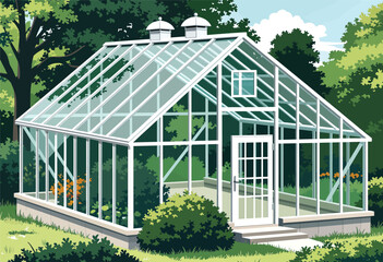 Obraz premium Colorful vector greenhouse with glass panels and white frame in garden setting