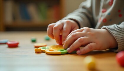 A child happily interacting with various colorful toys on a table, encouraging creativity and collaboration in their educational journey