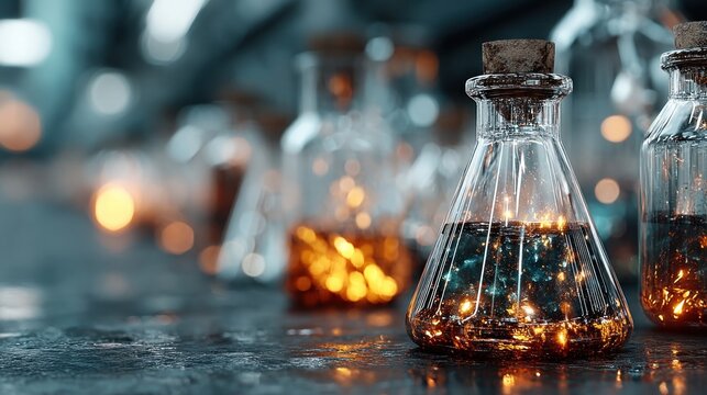 A collection of glass laboratory flasks filled with colorful liquids, illuminated by soft glowing lights, creating a mystical laboratory ambiance.