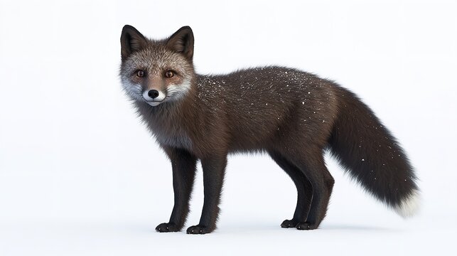 A dark brown fox with snow on its fur standing on a white background looking at the viewer calmly