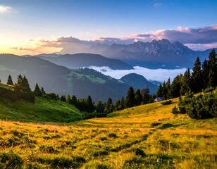 Obraz premium Lush green mountain meadow with a scenic view of distant peaks at sunset