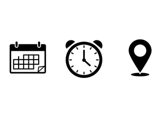 A set of essential black glyph icons for event planning and scheduling, featuring a calendar for date, a clock for time, and a pin for location